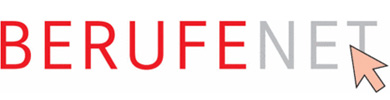 图像显示“BERUFE NET”字样，前半部分为红色，后半部分为灰色，有一个鼠标指针图标指向右侧。
